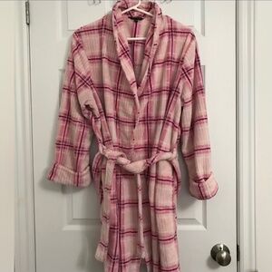 George Long Sleeve Plaid Soft Bath Robe XL Pink Waist Tie Belt Pockets